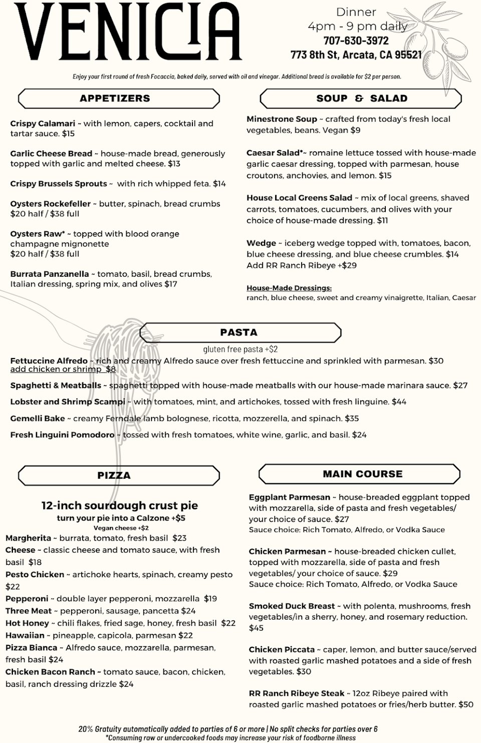 Menu page with dinner, bar, and drinks sections.
