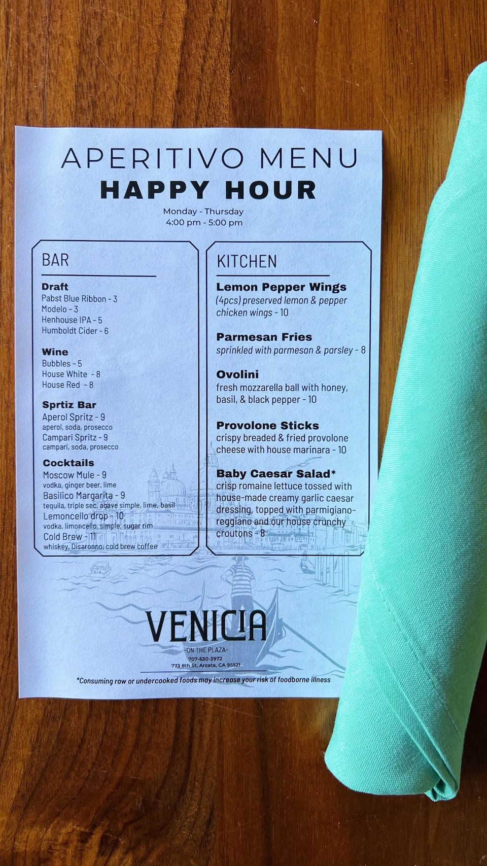 Printed menu showing Italian dishes and cocktails.
