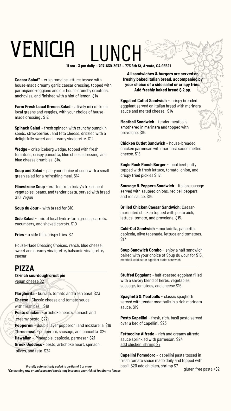 Restaurant menu layout with food and drink listings.
