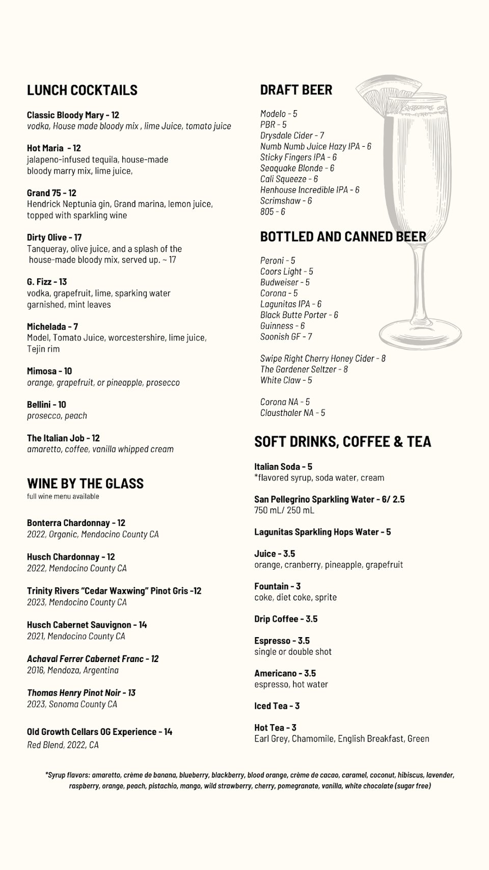 Menu close-up with appetizers, entrees, and drinks.